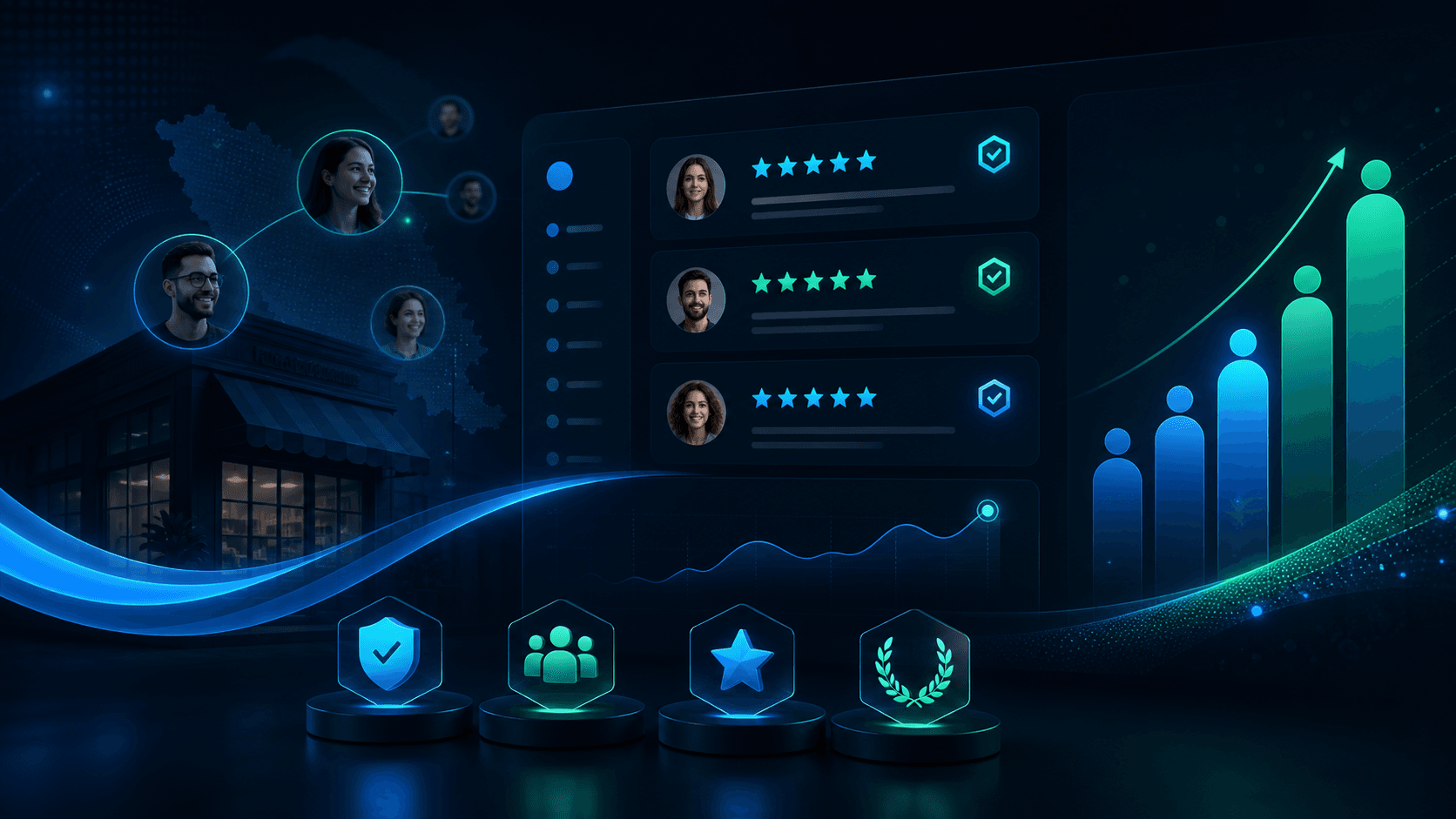 Dashboard cu recenzii, crestere si simboluri de incredere pentru dovada sociala
