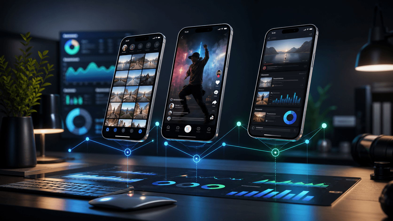 Trei telefoane cu feed-uri sociale si dashboard de comparatie pentru platforme