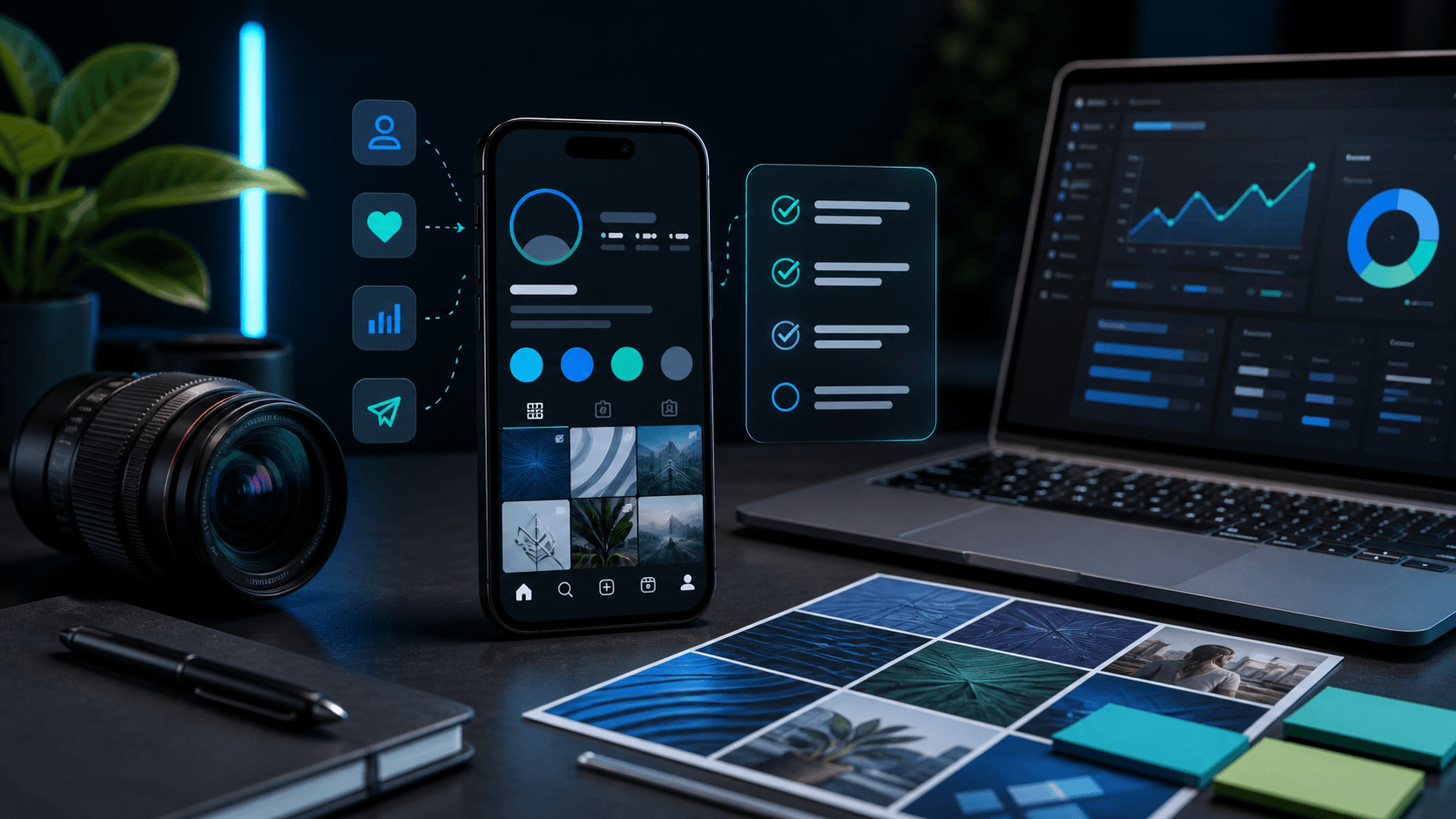 Telefon cu profil social optimizat, checklist si dashboard de analytics